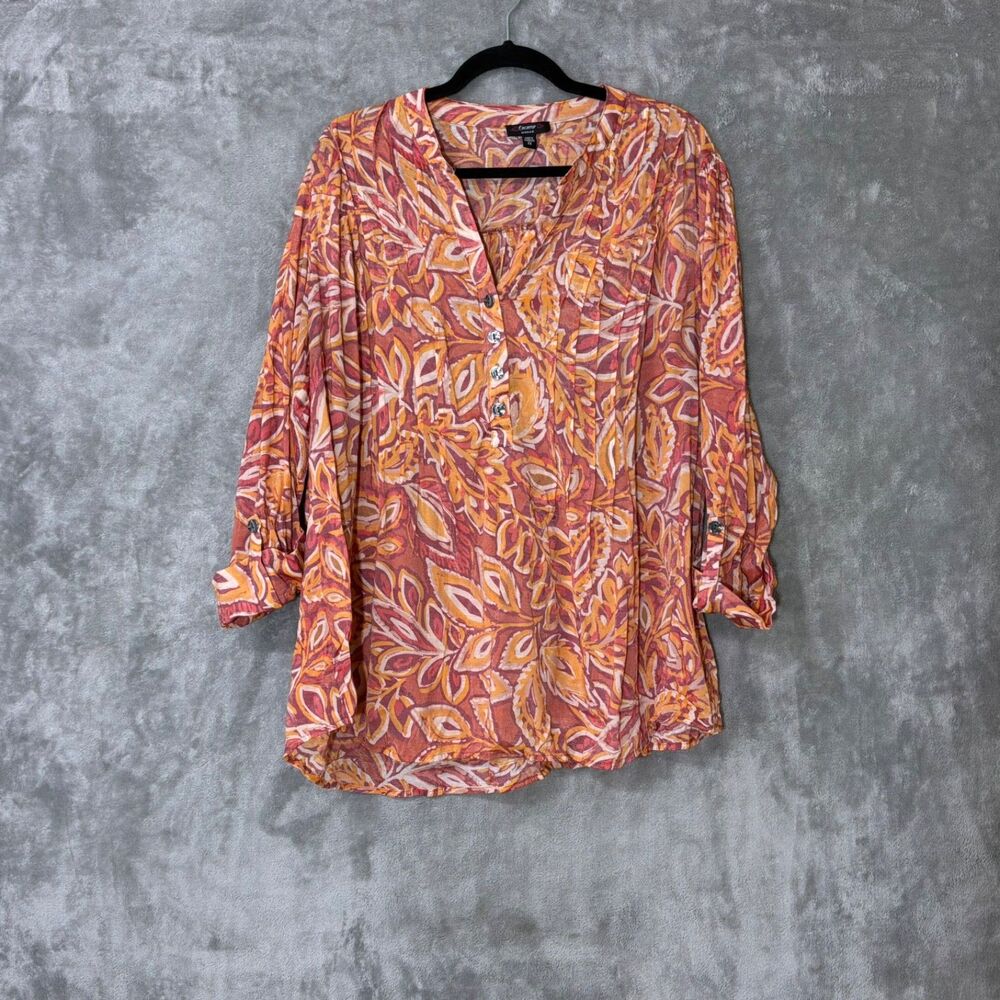 Cocomo Top Women's 2X Orange Abstract Pintuck Blouse Roll Tab Sleeve